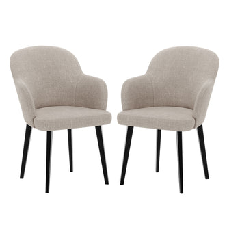 Lennon Linen Fabric Dining Chair Set of 2 in Beige, featuring gently curved upholstered seats with integrated armrests and straight matte black tapered legs, enhancing any dining space with modern elegance.