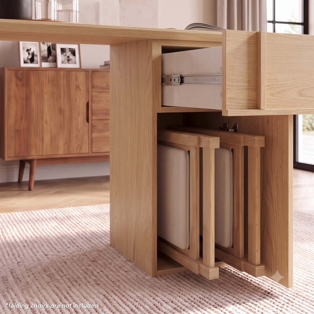 Louisa Oval Foldable Dining Table with Storage in Natural styled in a room setting