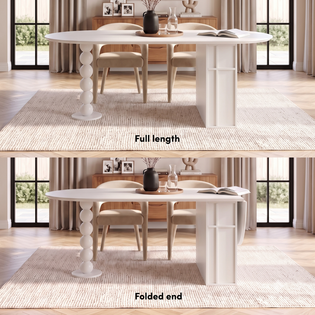 Louisa Oval Foldable Dining Table with Storage in White styled in a room setting
