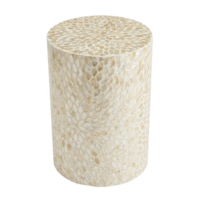 Lulu Mother of Pearl Inlay Side Table in Sand with cylindrical shape and teardrop mosaic pattern in creamy tones