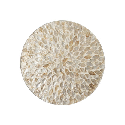 Lulu Mother of Pearl Inlay Side Table in Sand, round top with teardrop mosaic pattern in natural pearl tones