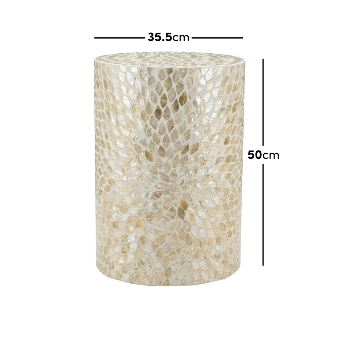 Lulu Mother of Pearl Inlay Side Table in Sand, cylindrical with teardrop mosaic pattern, 35.5cm diameter by 50cm height
