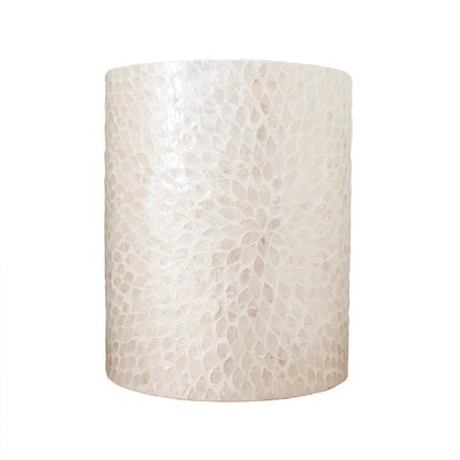 Lulu Mother of Pearl Inlay Side Table in White, showcasing a drum-shaped design with an intricate, off-white, shell-tile mosaic pattern, creating a radiant, sophisticated accent piece for elegant interiors.