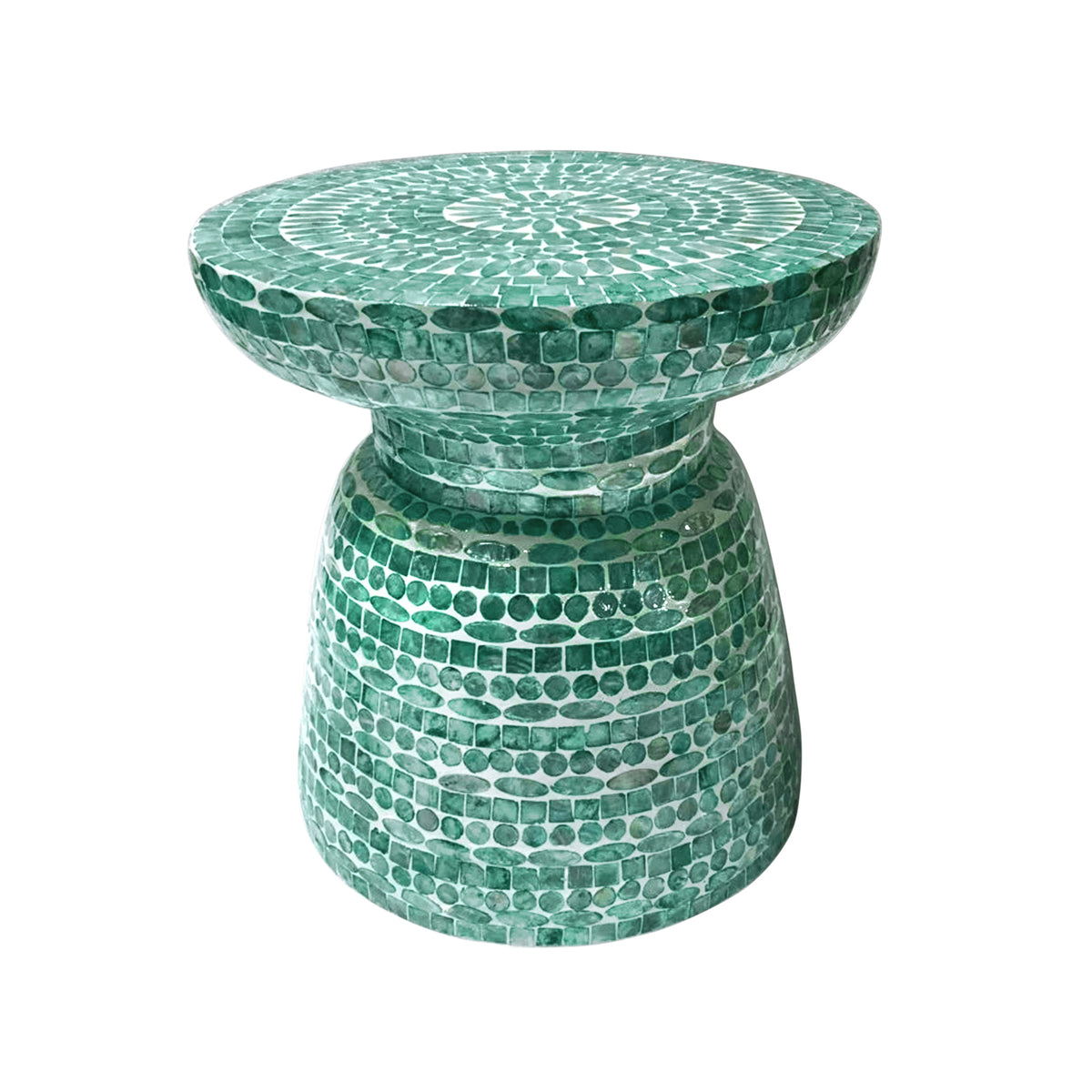 Luna 38cm Mother of Pearl Inlay Coffee Table - Jade Green, featuring a handcrafted mosaic design that blends modern and timeless aesthetics, showcased on a white background for visual emphasis.