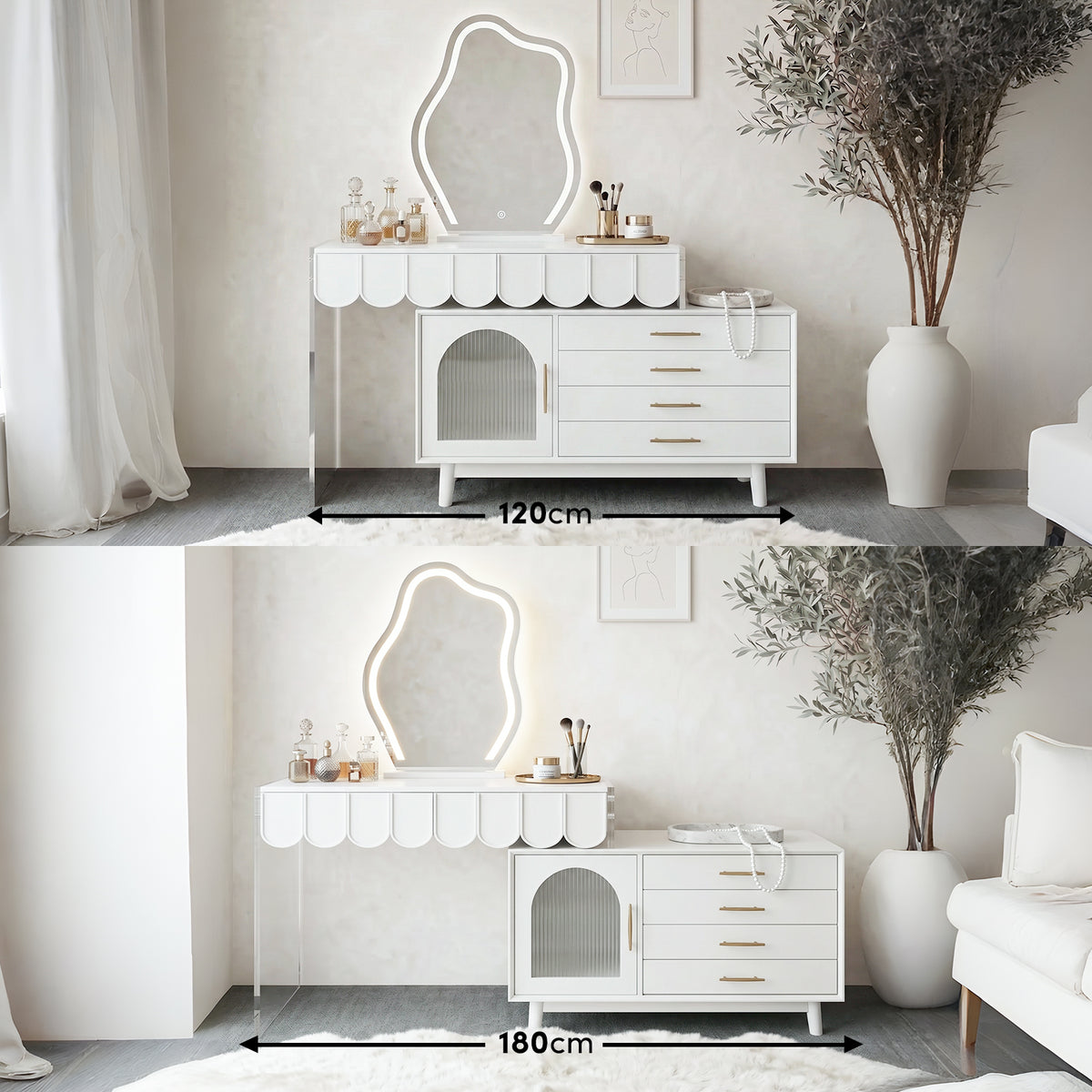 White extendable dressing table with scalloped edge, LED-lit wavy mirror, and side cabinet with gold handles, shown in 120cm