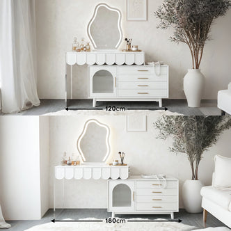 White extendable dressing table with scalloped edge, LED-lit wavy mirror, and side cabinet with gold handles, shown in 120cm