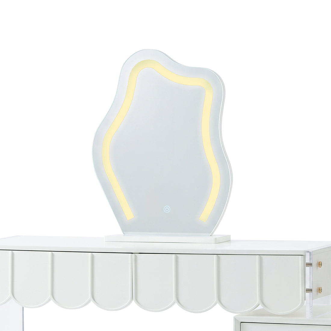 Asymmetrical illuminated dressing table mirror showing the warm light setting in studio.