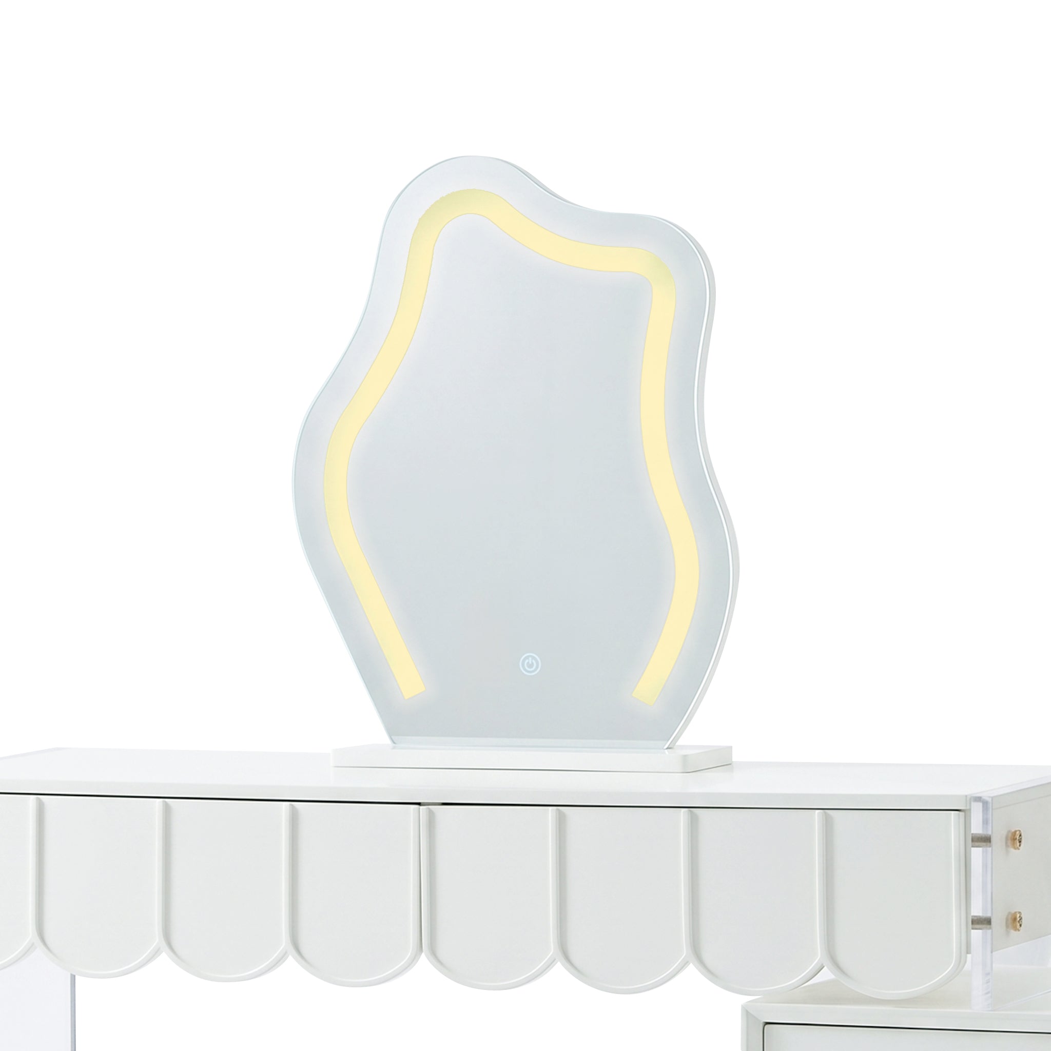 Asymmetrical illuminated dressing table mirror showing the warm light setting in studio.