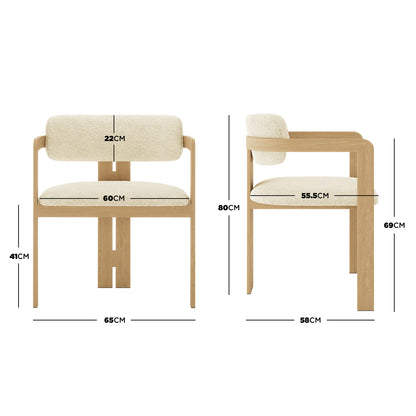 Maddi Boucle Hardwood Dining Chair Beige, featuring a curved backrest, armrests, and thick cushions, shown with measurements and ergonomic design diagrams, emphasizing stylish comfort and solid wood durability. - Dimensions