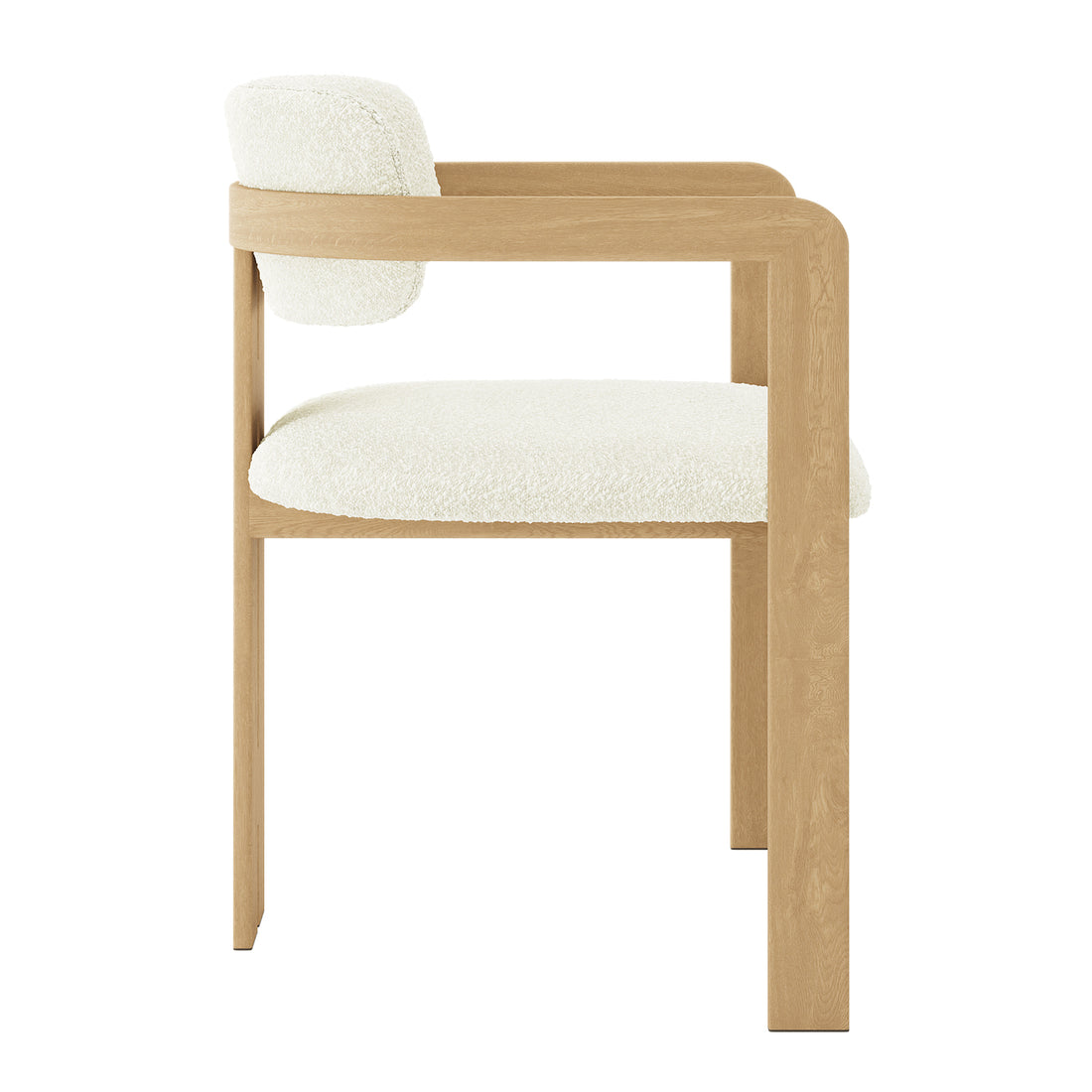 Close-up of the Maddi Boucle Hardwood Dining Chair Cream White, showcasing its curved backrest, thick cushioned seat, and elegant minimalist design with a solid American wood frame for durability.