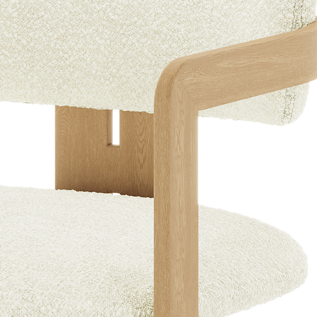 Close-up of the Maddi Boucle Hardwood Dining Chair in Cream White, showcasing its textured boucle upholstery, ergonomic curved backrest, and sturdy American wood frame, highlighting its stylish and durable design.