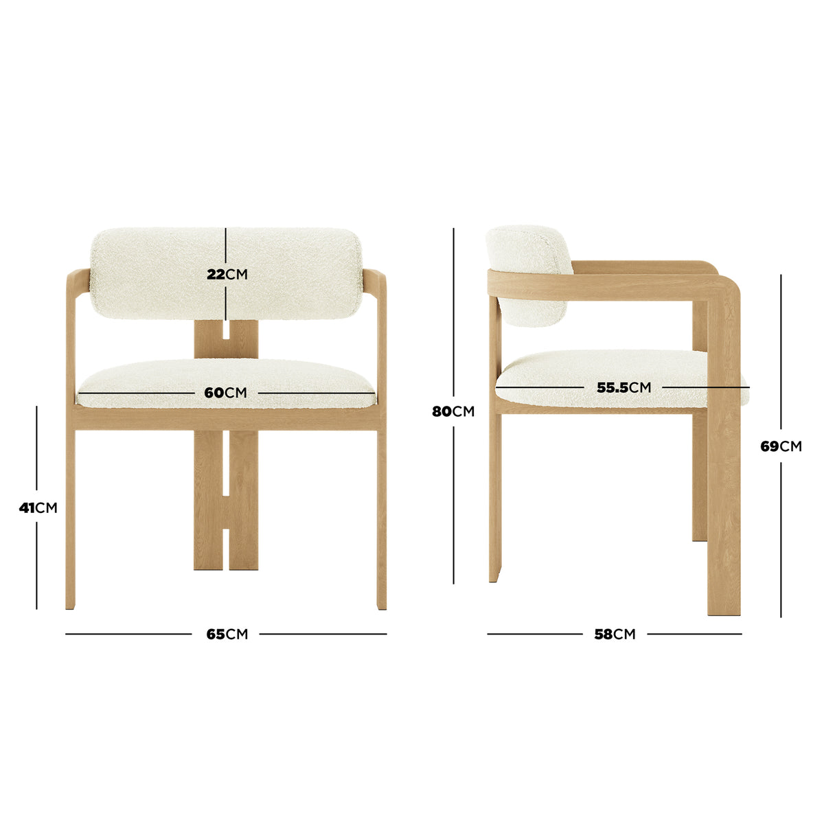 Maddi Boucle Hardwood Dining Chair with a curved backrest and cushioned seat, showcasing its side and back views, highlighting the elegant design and sturdy American wood frame.