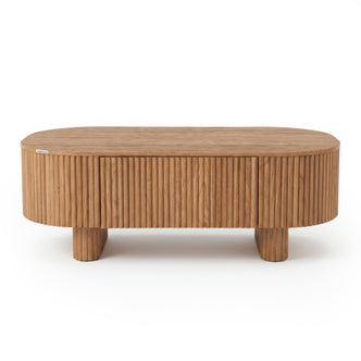 Oval wooden coffee table on a white background
