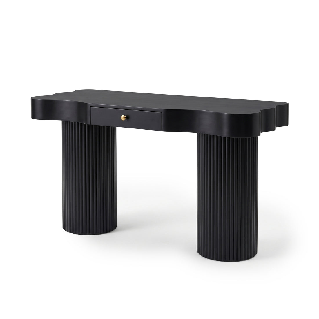Black console table with scalloped top and cylindrical fluted legs on a white background