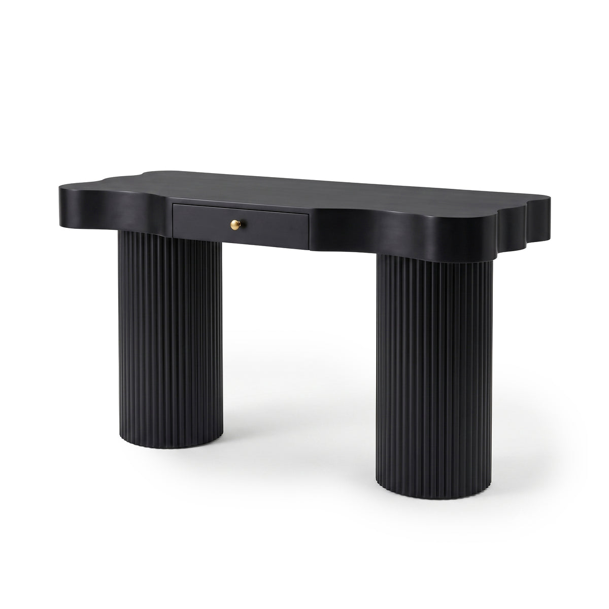 Black console table with scalloped top and cylindrical fluted legs on a white background