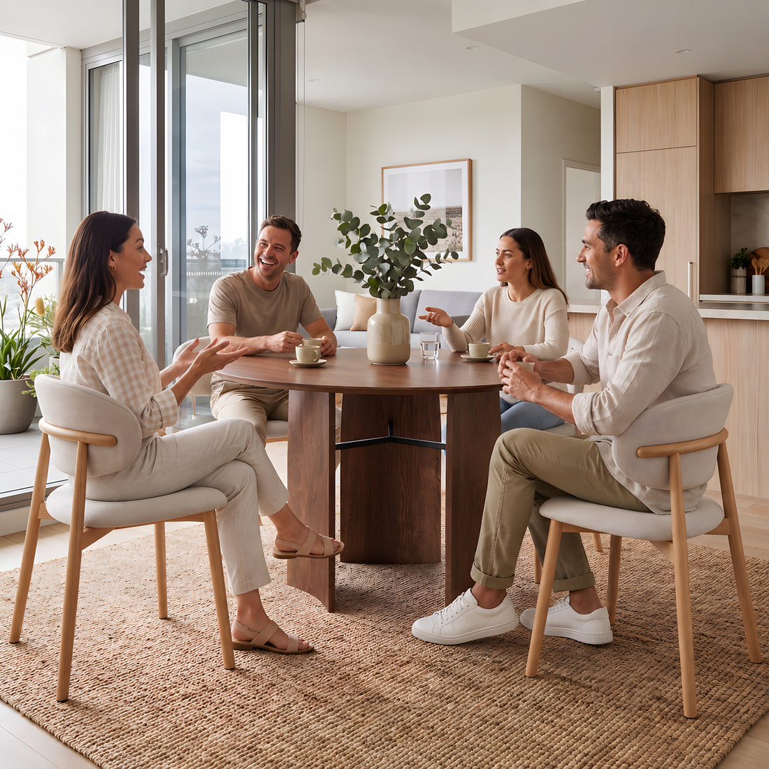 Marta 120cm 4 Seater Round Dining Table in Walnut styled in a room setting