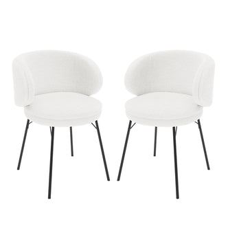 Meily Boucle Dining Chair Set of 2 in Cream White features modern design with round, padded seats and low, curved backrests upholstered in white boucle fabric, supported by slender black metal legs.