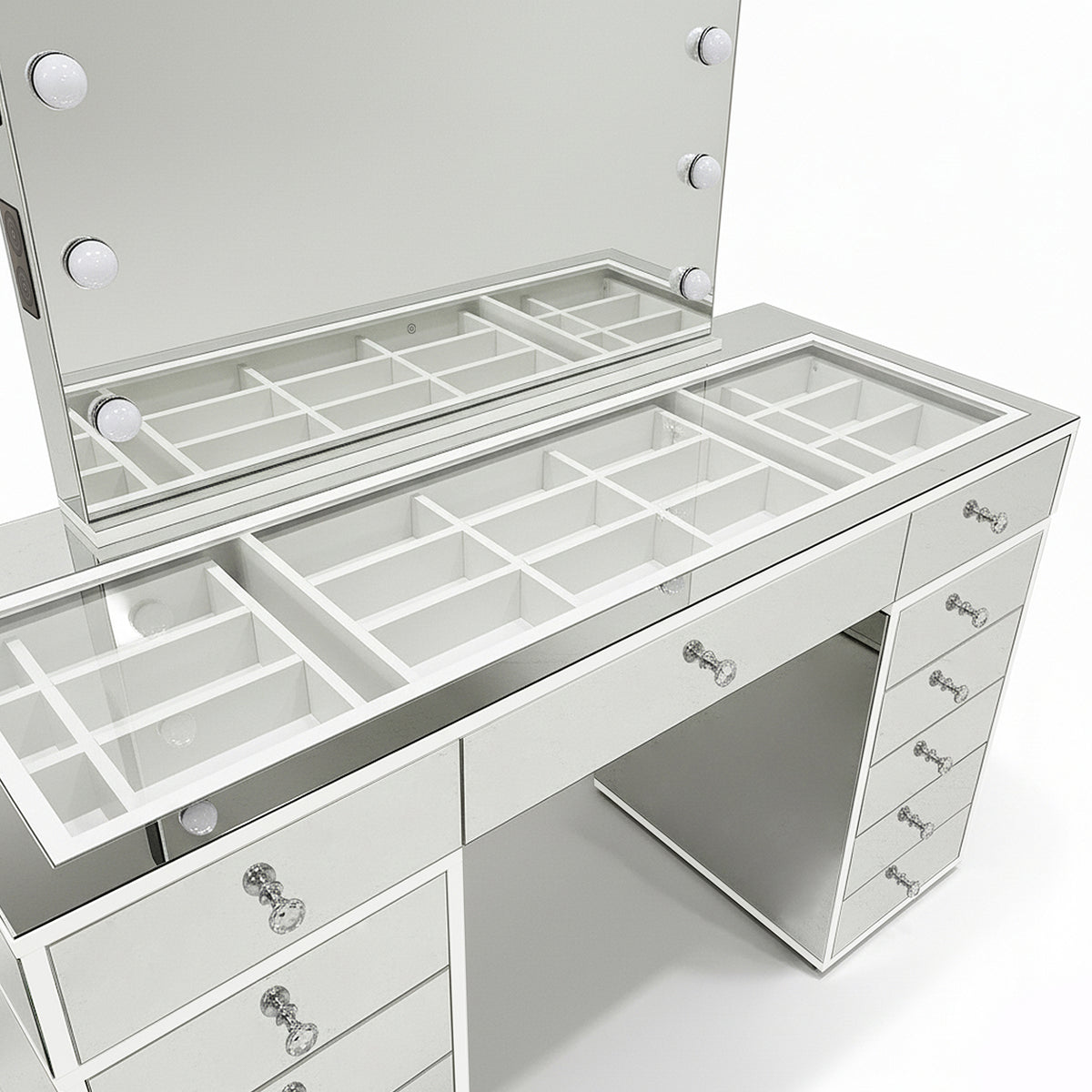 Monroe 13 Drawer Mirror Finish Hollywood LED Dressing Table with light-bulb-framed mirror, glass-topped organizer, crystal-style drawer pulls, and integrated power features, creating a luxe beauty setup.
