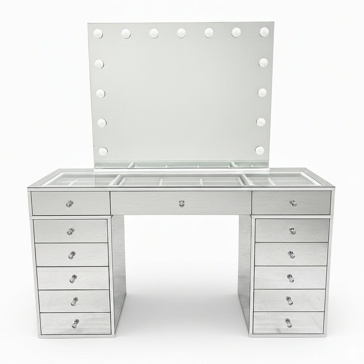Monroe 13 Drawer Mirror Finish Hollywood LED Dressing Table featuring a large mirror with vanity lights, mirrored drawers, and a glass-topped center with dividers, creating a luxurious and organized vanity setup.