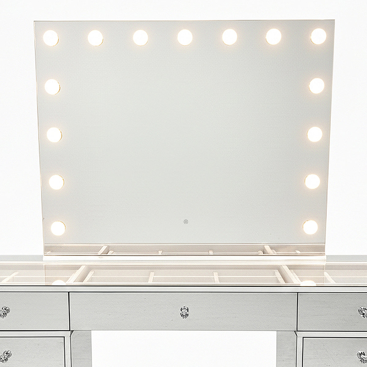 Monroe 13 Drawer Mirror Finish Hollywood LED Dressing Table with lift-up tabletop, large mirror with LED bulbs, mirrored drawers, crystal knobs, and built-in compartments for beauty organization.