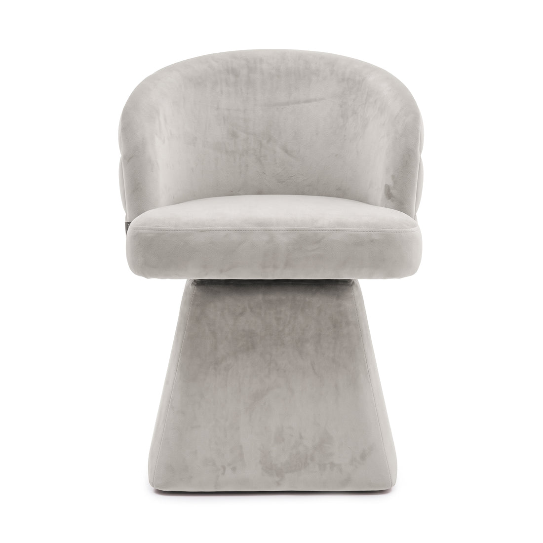 Front view of the grey swivel dining chair featuring a curved backrest and a solid pedestal base.   