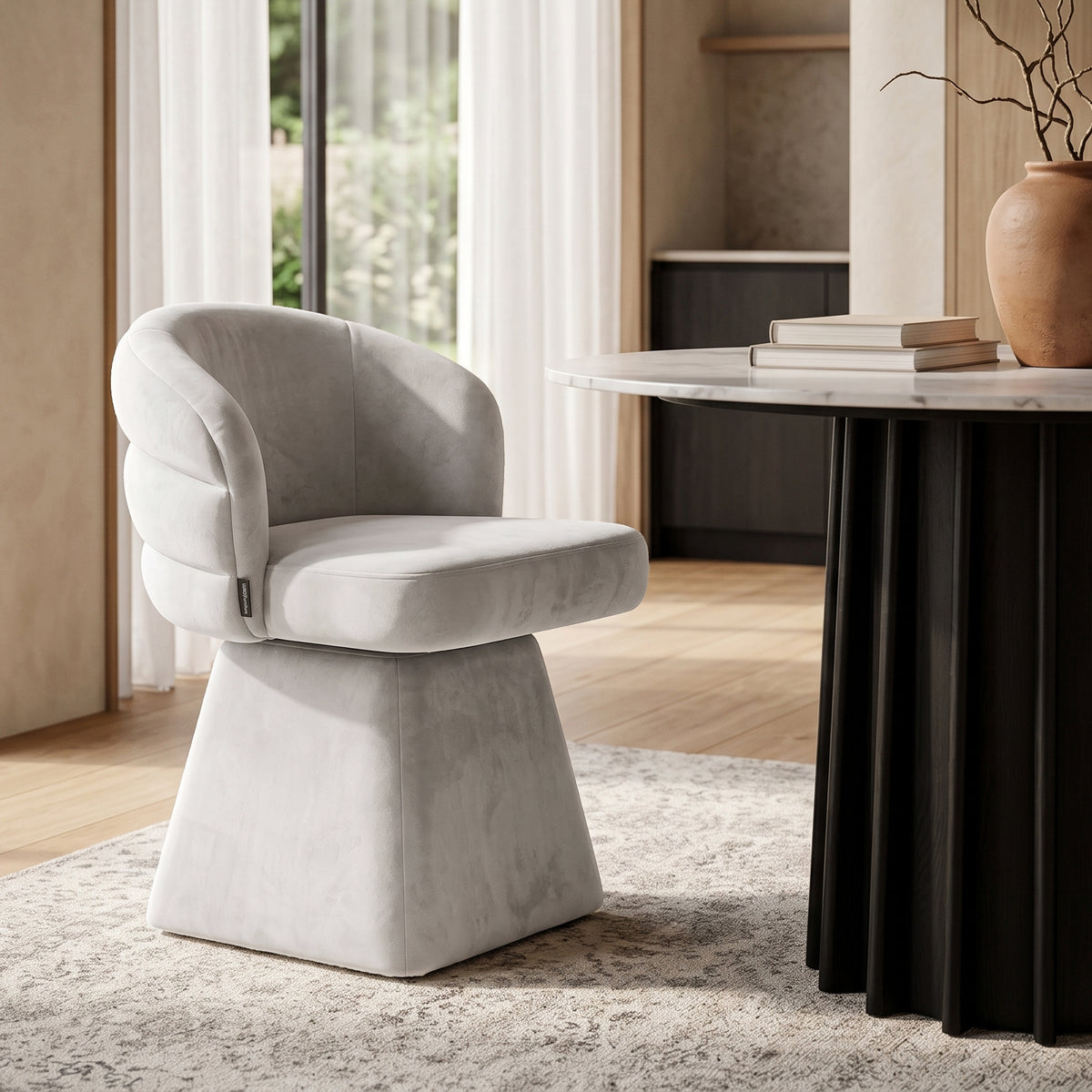 Grey swivel dining chair with a curved channeled back and square pedestal base.   