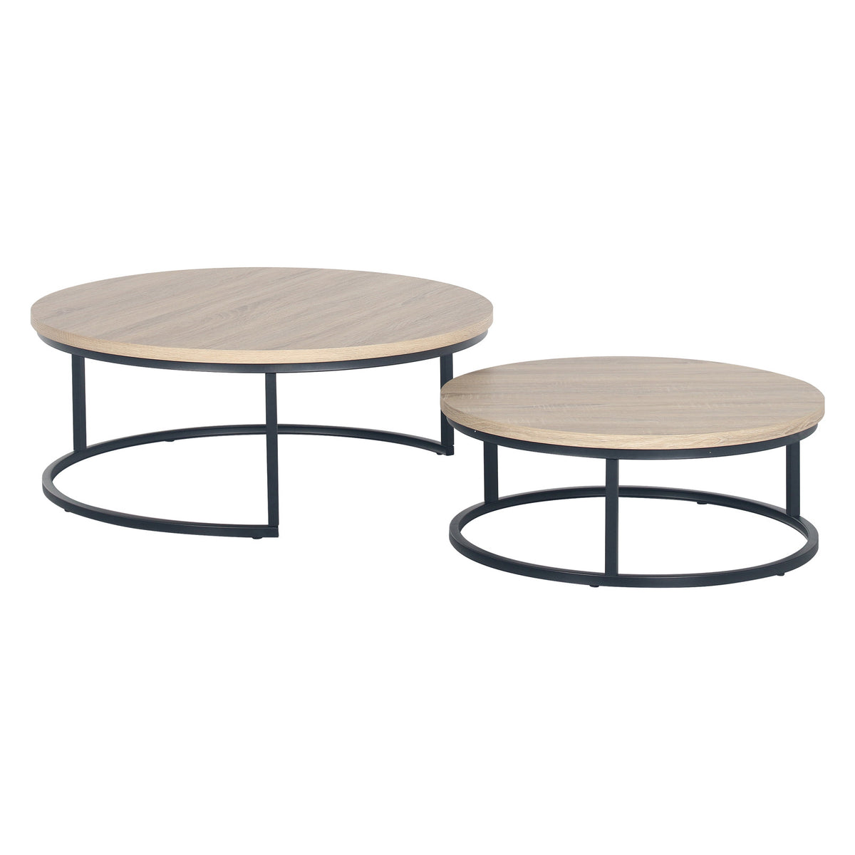 Nevada Round Nesting Coffee Table Set in Natural features two round tables with light wood-grain tops and black metal bases, showcasing a larger table with a smaller one neatly nested beneath.