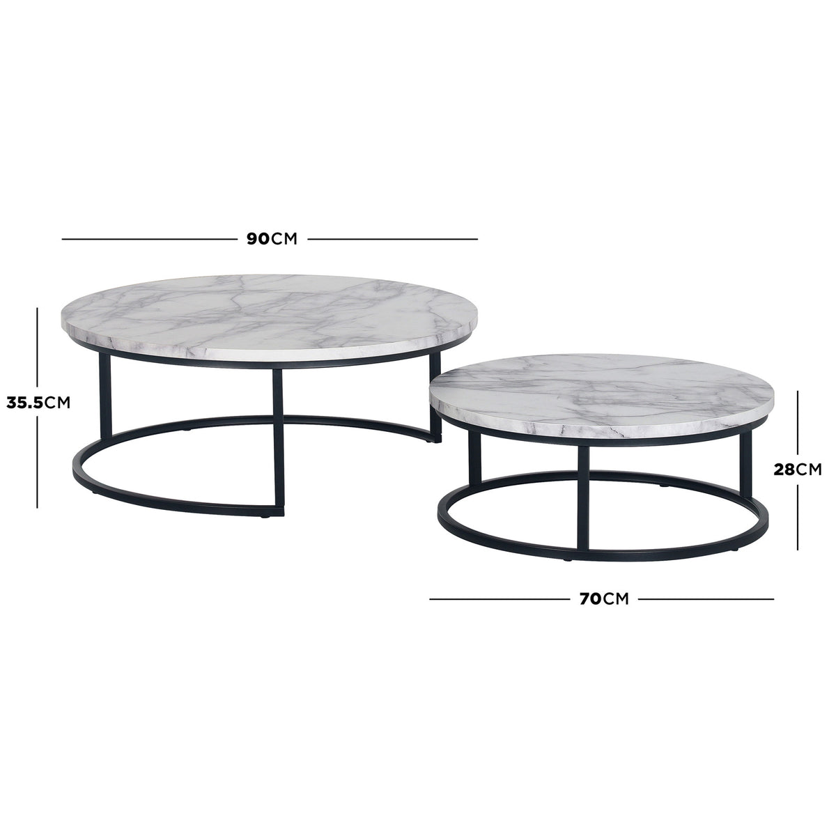 Nevada Round Nesting Coffee Table Set in White Marble features two round tables with faux-marble tops and slim black metal ring bases, offering a stylish, space-saving solution for modern living rooms.