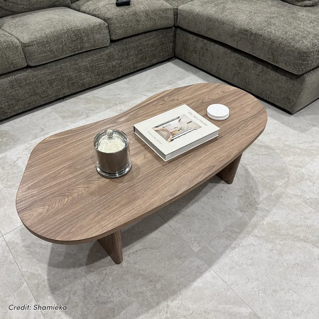 Nicole 120cm Coffee Table with Organic Curve in Walnut, featuring an elongated oval top and wide panel legs in a smooth