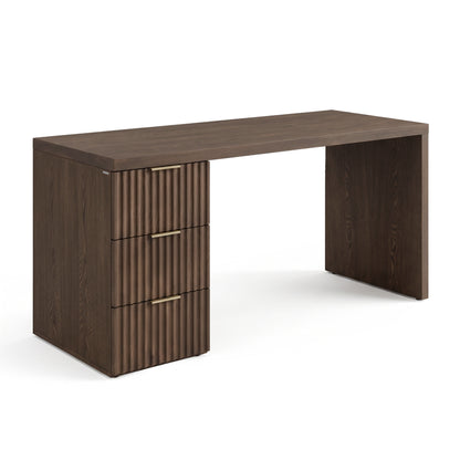 Dark wood desk with three drawers on a white background