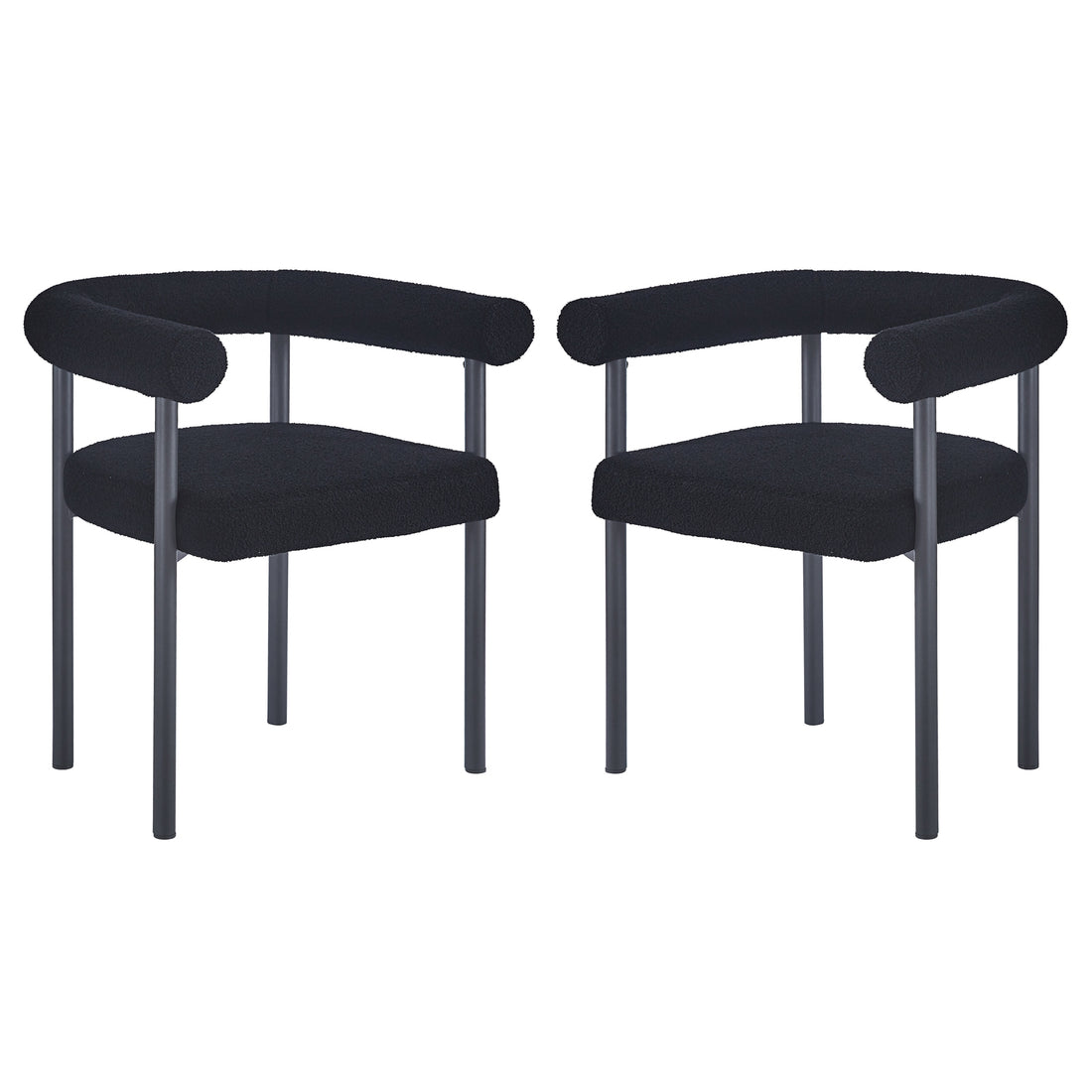 Ohio Curved Boucle Dining Chair Set of 2 in Black features low, rounded backrests and tubular armrests upholstered in black bouclé fabric, supported by sleek black metal legs for a modern look.