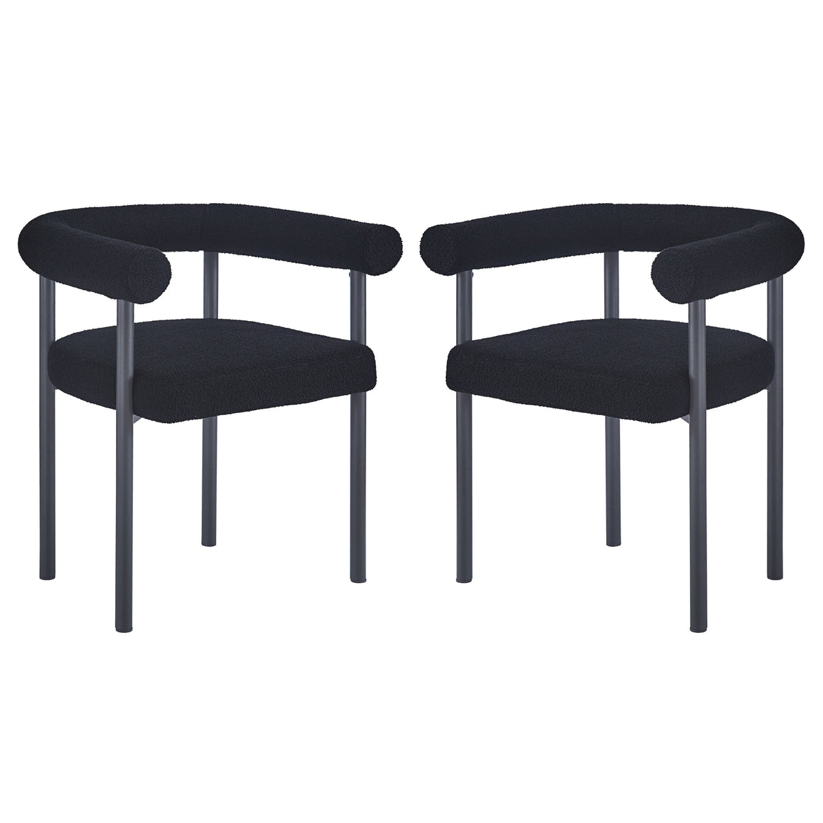 Ohio Curved Boucle Dining Chair Set of 2 in Black features low, rounded backrests and tubular armrests upholstered in black bouclé fabric, supported by sleek black metal legs for a modern look.