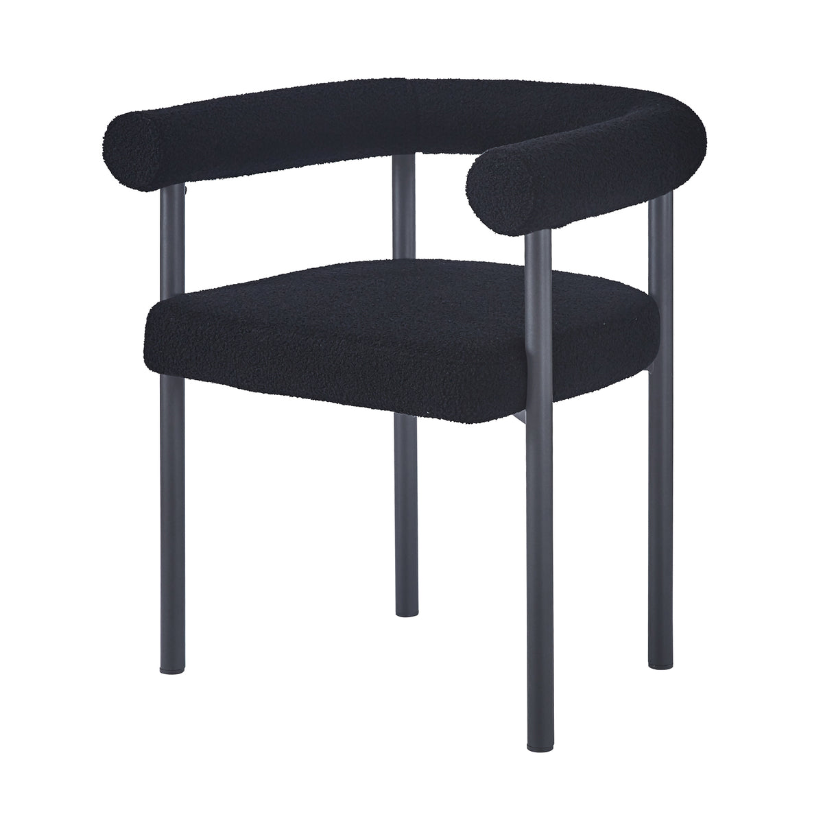 Ohio Curved Boucle Dining Chair Set of 2 in Black, featuring a sleek tubular metal frame and plush black boucle upholstery, with a continuous curved back and armrests for a minimalist look.