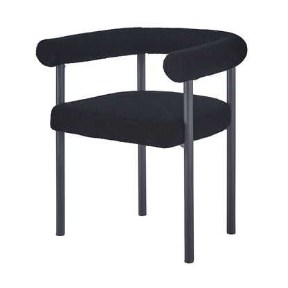 Ohio Curved Boucle Dining Chair Set of 2 in Black, featuring a sleek tubular metal frame and plush black boucle upholstery, with a continuous curved back and armrests for a minimalist look.