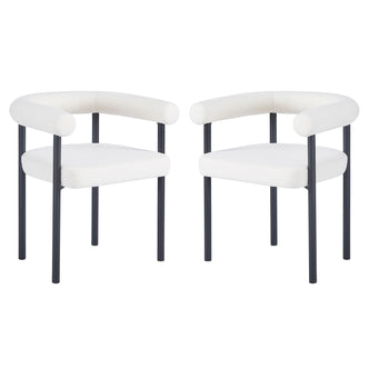 Ohio Curved Boucle Dining Chair Set of 2 in Cream features open-back, white bouclé upholstery, thick padding, and black metal legs, offering a minimalist yet luxurious dining seating solution.