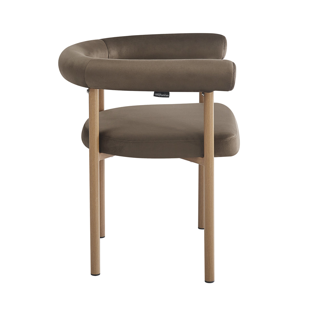 Ohio Velvet Dining Chair w/ Natural Legs Espresso Brown Set of 2 features a curved padded backrest, plush velvet upholstery, and light-wood legs, showcasing a modern design with a small LUXO Furniture brand tag.