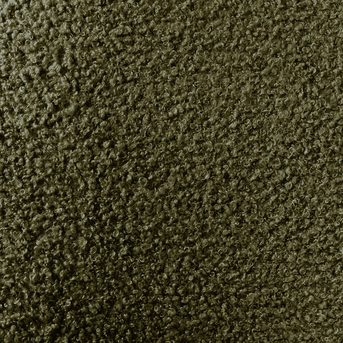 Close-up of Ohio Curved Bouclé Dining Chair Set of 2 in Green & Oak, showcasing olive-green curly-pile upholstery and warm oak-finish legs, emphasizing its plush texture and modern design.