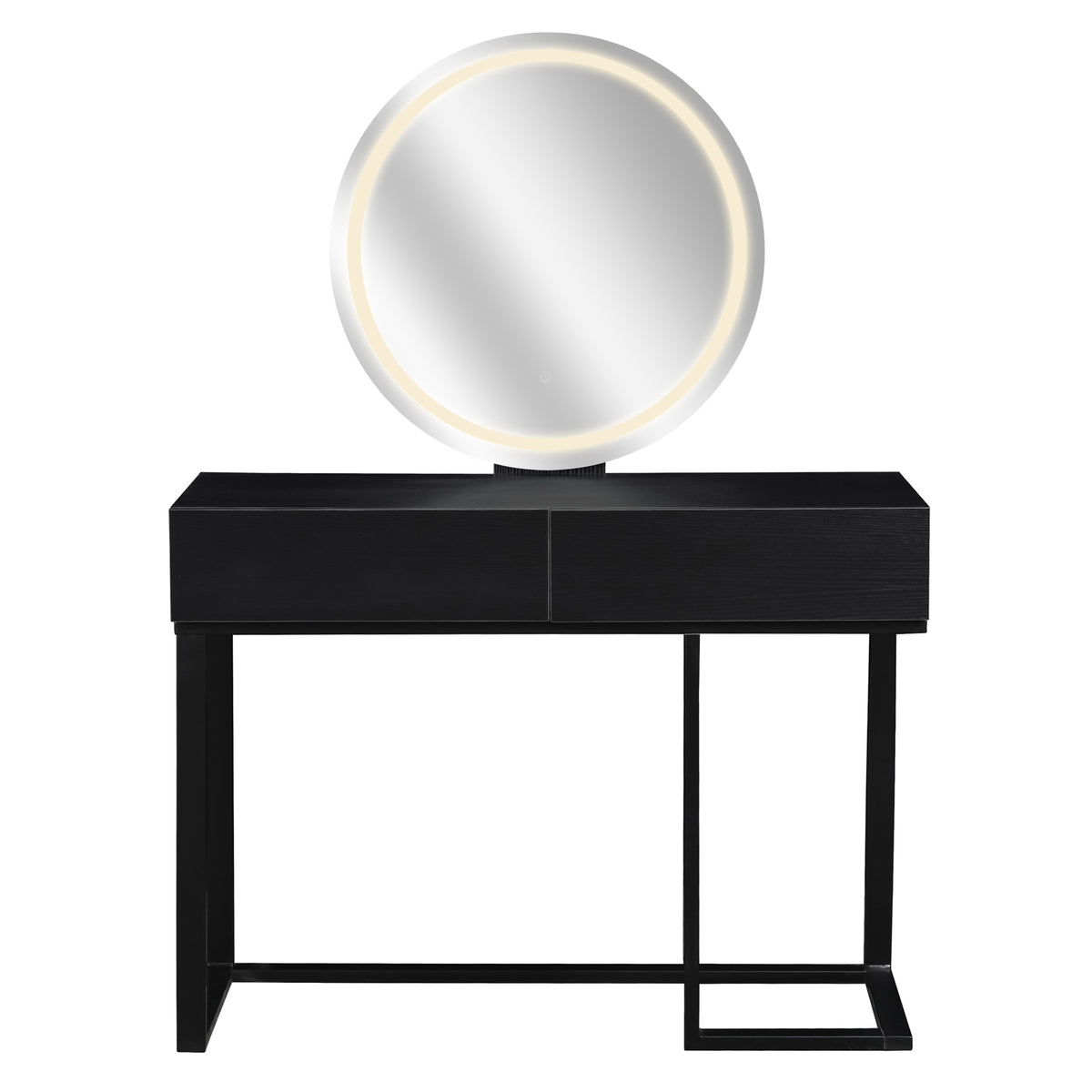 Ophira Dressing Table with Touch Screen Mirror Light – Black, featuring two drawers, a sleek metal frame, and a round mirror with LED rim, perfect for a modern, elegant beauty setup.