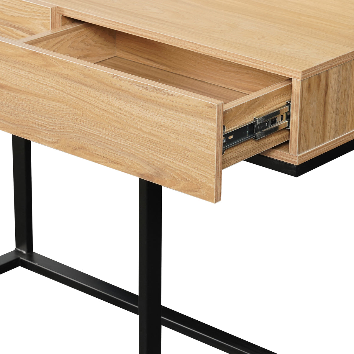 Ophira Dressing Table with Touch Screen Mirror in Light Oak, featuring a sleek design with a single drawer, unadorned wood grain, and slender black metal legs, showcasing modern elegance and functionality.