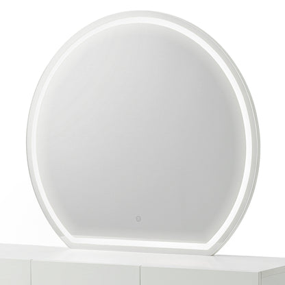 Modern round makeup mirror with an illuminated white frosted border on a white console table.
