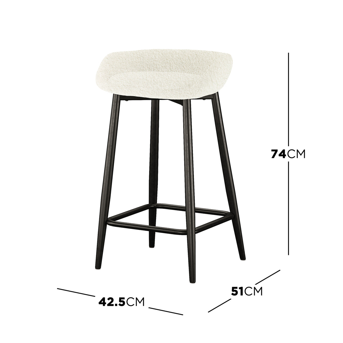 Peyton Bouclé Bar Stool Set of 2 - Cream features a white stool with black legs, showcasing a modern design with soft bouclé upholstery and sturdy metal legs, ideal for stylish interiors.