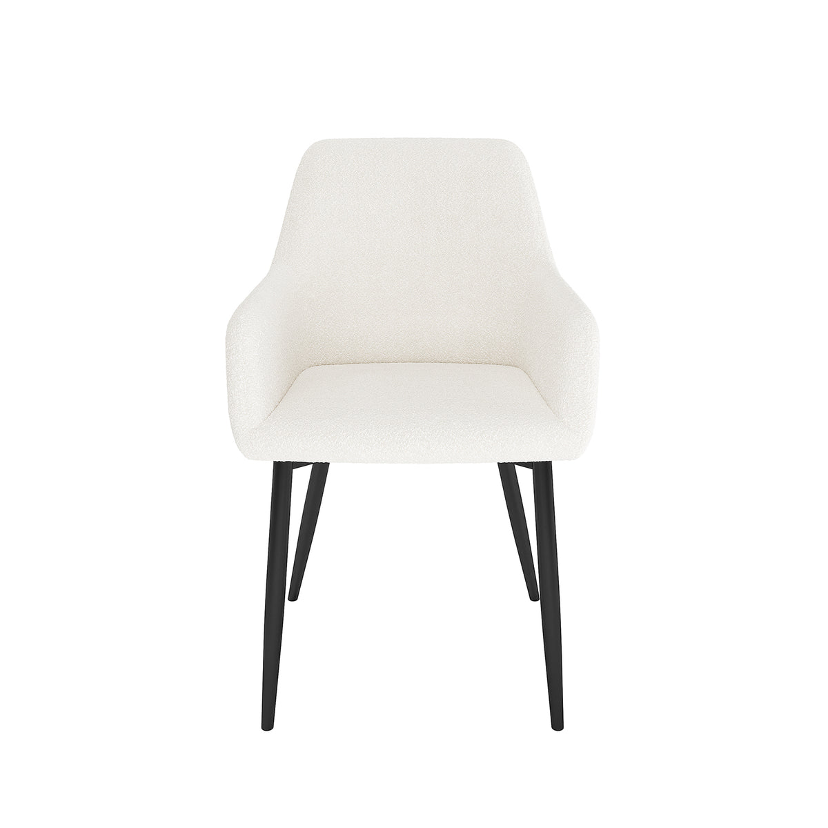 Raynie Boucle Dining Chair Set of 2 in Cream White features a modern design with a softly upholstered seat and backrest, supported by sleek black metal legs, perfect for contemporary dining spaces.