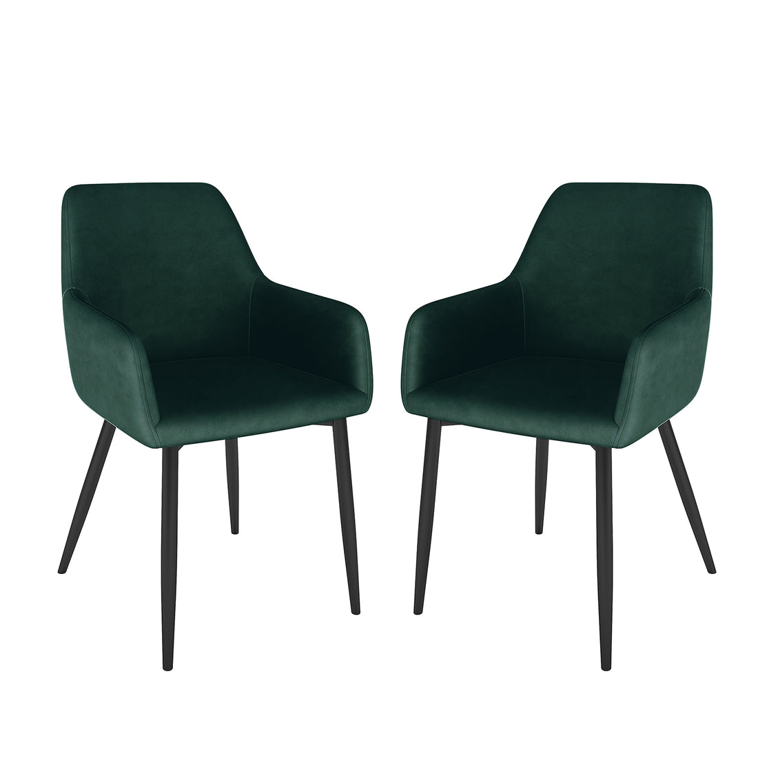 Raynie Velvet Dining Chair Set of 2 in Deep Green features modern armchairs with deep green velvet upholstery, flared armrests, and tapered black metal legs, showcasing elegance and comfort against a white background.