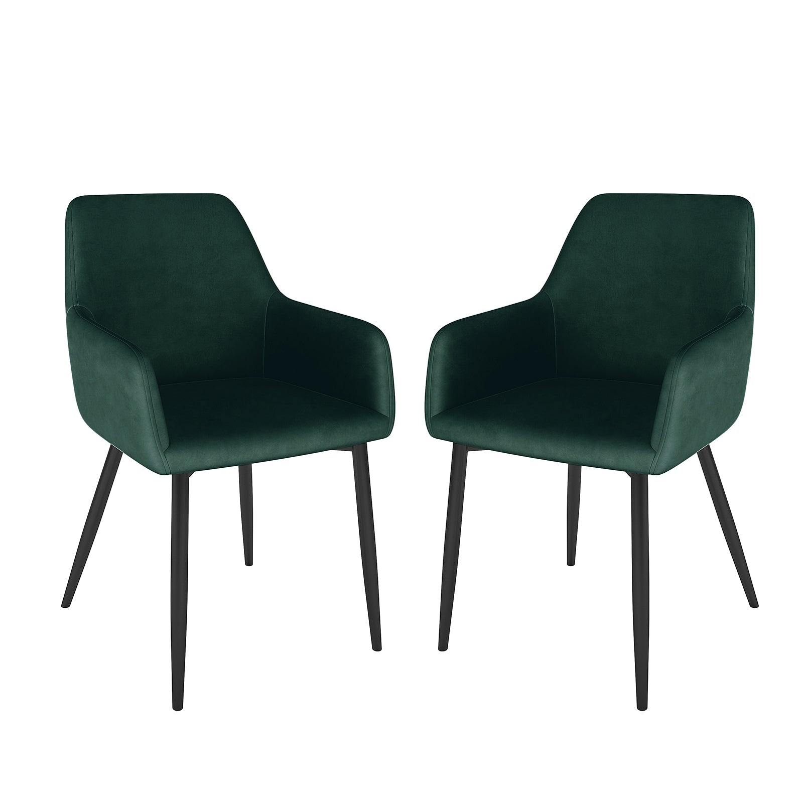 Raynie Velvet Dining Chair Set of 2 in Deep Green features modern armchairs with deep green velvet upholstery, flared armrests, and tapered black metal legs, showcasing elegance and comfort against a white background.