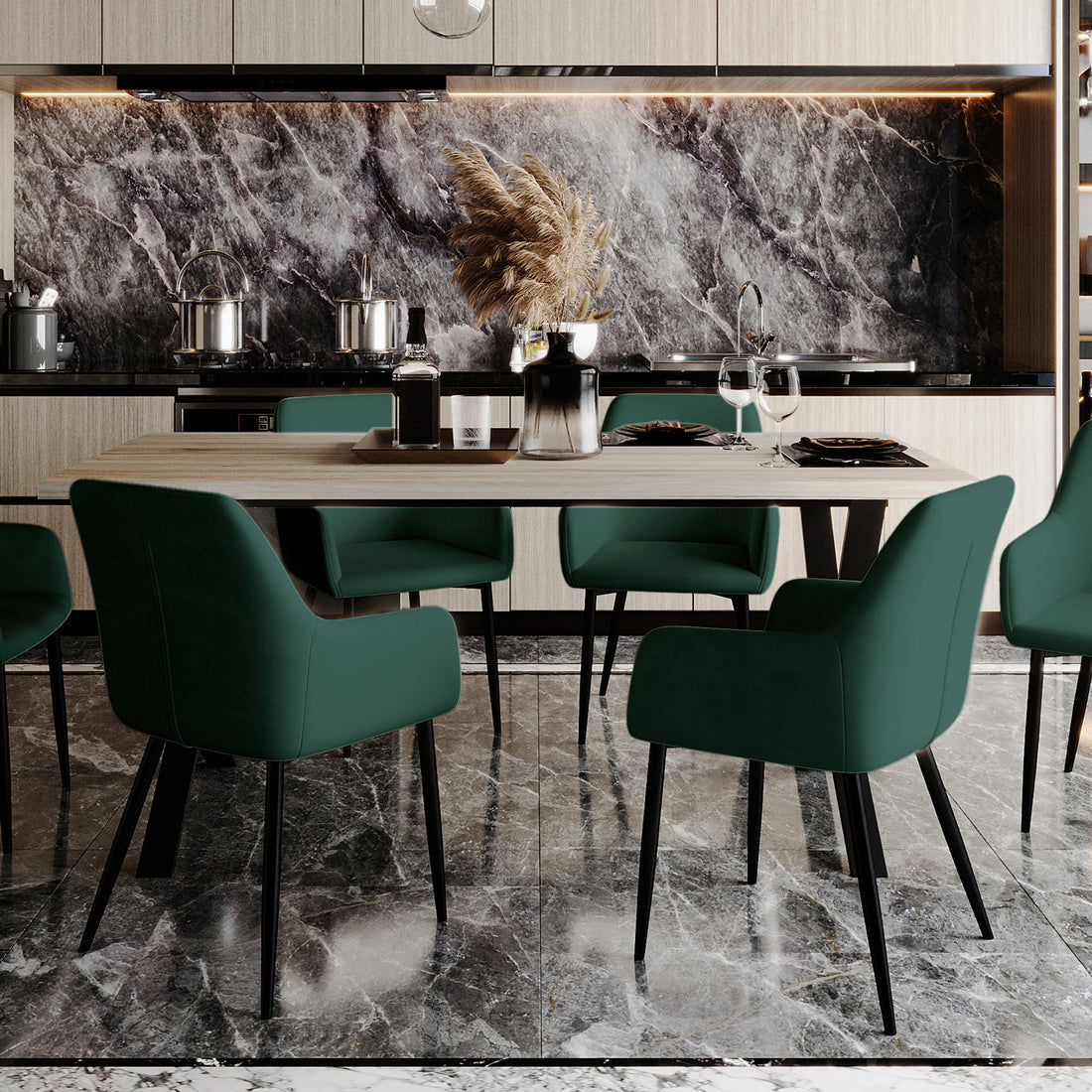 Raynie Velvet Dining Chair Set of 2 in Deep Green, featuring plush velvet upholstery, foam padding, and sleek black metal legs, elegantly surrounds a light wood dining table in a modern kitchen setting.