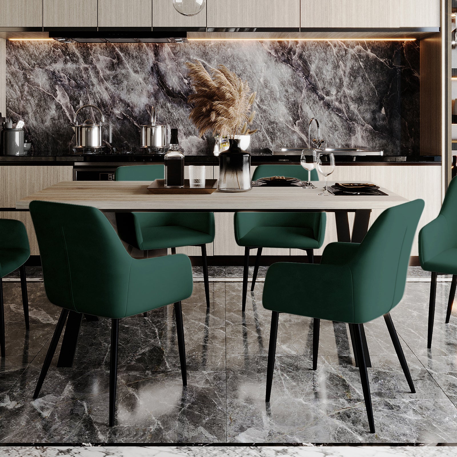 Raynie Velvet Dining Chair Set of 2 in Deep Green, featuring plush velvet upholstery, foam padding, and sleek black metal legs, elegantly surrounds a light wood dining table in a modern kitchen setting.