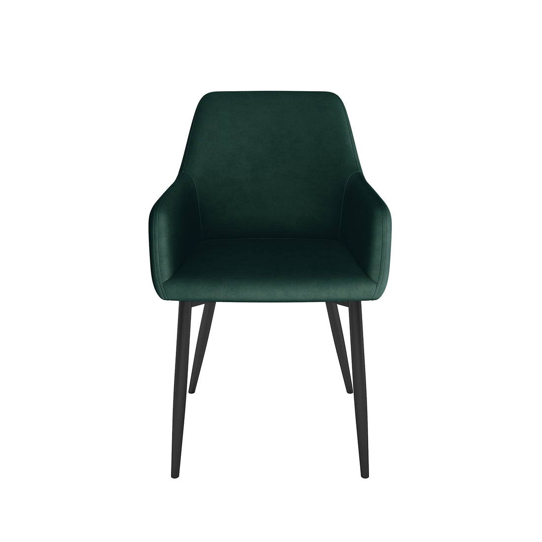 Raynie Velvet Dining Chair Set of 2 in Deep Green featuring a softly curved upholstered shell, integrated low armrests, and four slender splayed black metal legs, exuding modern elegance and comfort.