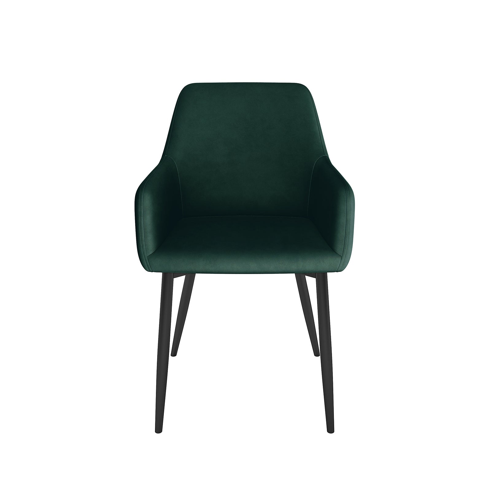 Raynie Velvet Dining Chair Set of 2 in Deep Green featuring a softly curved upholstered shell, integrated low armrests, and four slender splayed black metal legs, exuding modern elegance and comfort.