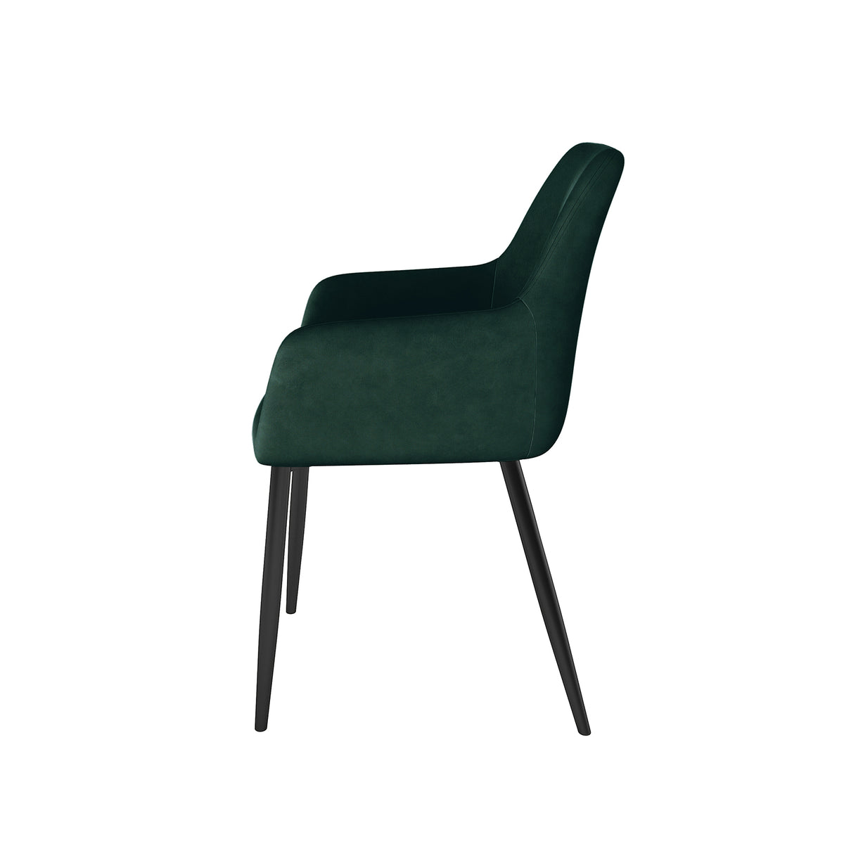 Raynie Velvet Dining Chair Set of 2 in Deep Green, featuring a modern design with a gently curved upholstered shell, low armrests, slightly reclined backrest, and slender black metal legs.