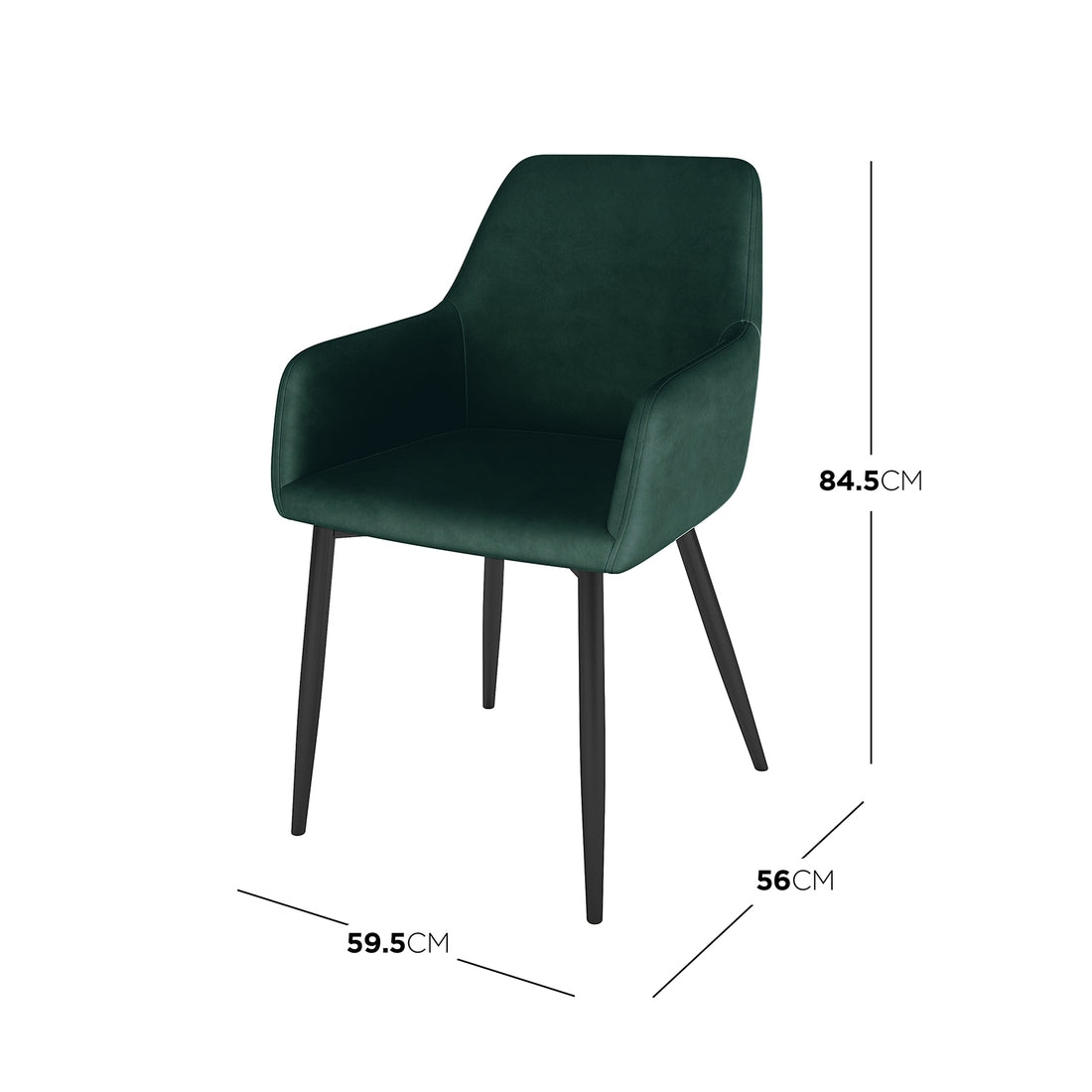 Raynie Velvet Dining Chair Set of 2 in Deep Green features a sleek, forest-green upholstered design with curved back and integrated armrests, standing on black metal legs, enhancing dining elegance.